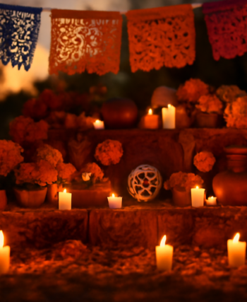 Altar ofrenda dengan bunga marigold dan lilin pada perayaan Dia de Muertos di Meksiko