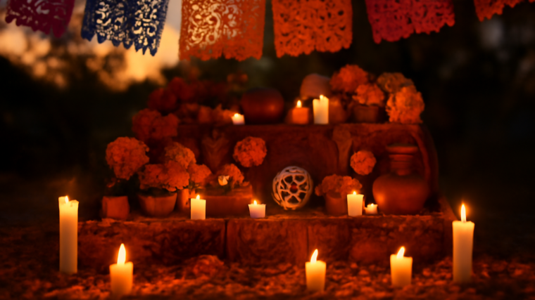Altar ofrenda dengan bunga marigold dan lilin pada perayaan Dia de Muertos di Meksiko