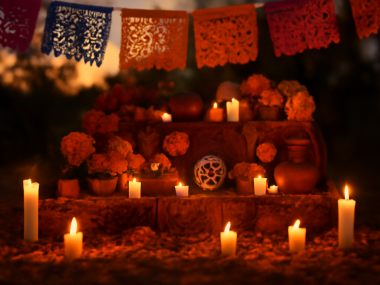 Altar ofrenda dengan bunga marigold dan lilin pada perayaan Dia de Muertos di Meksiko