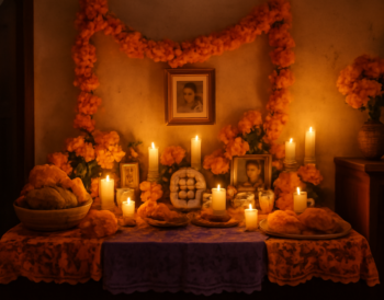 Altar Día de Muertos dengan bunga marigold dan lilin di rumah tradisional Meksiko