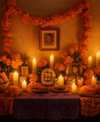 Altar Día de Muertos dengan bunga marigold dan lilin di rumah tradisional Meksiko