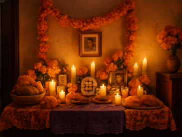 Altar Día de Muertos dengan bunga marigold dan lilin di rumah tradisional Meksiko