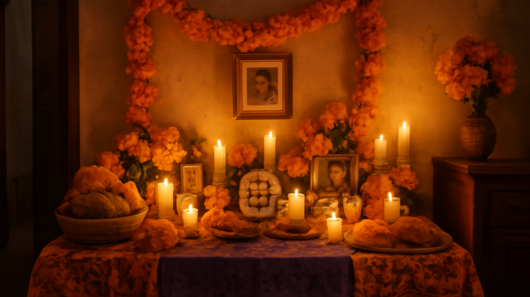 Altar Día de Muertos dengan bunga marigold dan lilin di rumah tradisional Meksiko