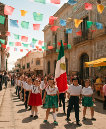 Alun-alun kota kolonial di Puebla saat parade warga dengan bangunan bercat cerah dan penjual makanan daerah