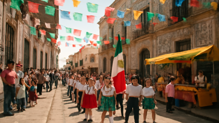 Alun-alun kota kolonial di Puebla saat parade warga dengan bangunan bercat cerah dan penjual makanan daerah