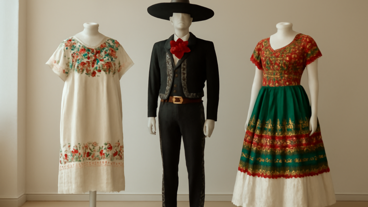 Tiga pakaian tradisional Meksiko: huipil, charro, dan china poblana dipajang di museum