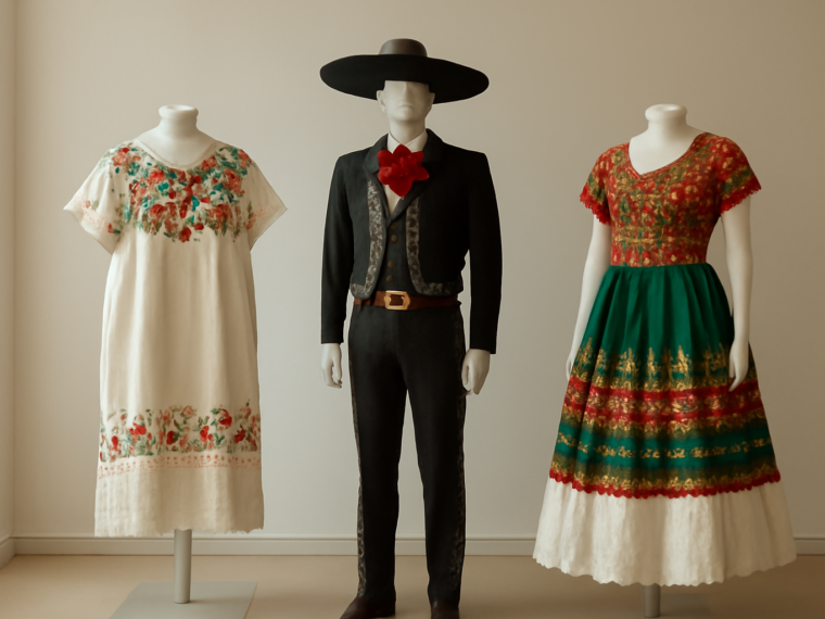 Tiga pakaian tradisional Meksiko: huipil, charro, dan china poblana dipajang di museum
