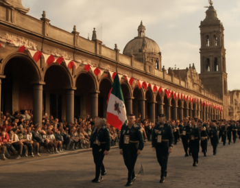 Keramaian parade di plaza bersejarah Puebla dengan bangunan kolonial dan spanduk merah putih