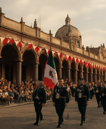 Keramaian parade di plaza bersejarah Puebla dengan bangunan kolonial dan spanduk merah putih