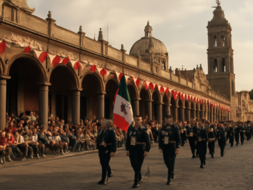 Keramaian parade di plaza bersejarah Puebla dengan bangunan kolonial dan spanduk merah putih