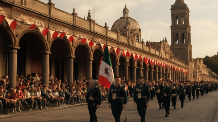 Keramaian parade di plaza bersejarah Puebla dengan bangunan kolonial dan spanduk merah putih