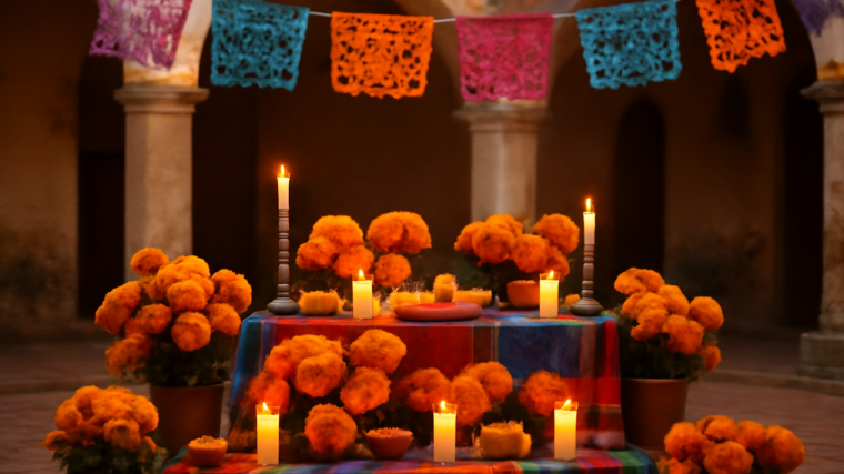 Altar Día de Muertos dengan bunga marigold dan lilin di halaman kolonial