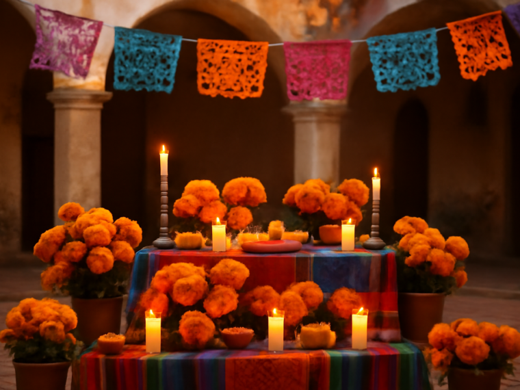Altar Día de Muertos dengan bunga marigold dan lilin di halaman kolonial